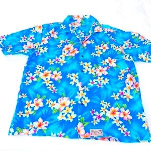 Men’s Hawaiian shirt floral blue plumeria L